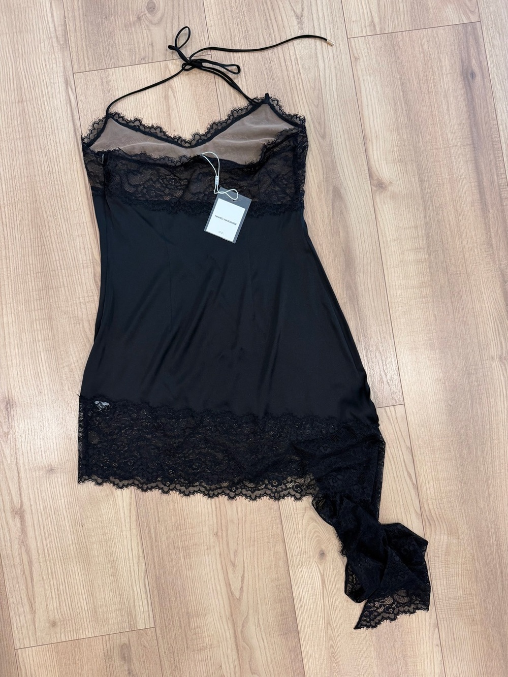 naked wardrobe Black Lace Asymmetric Slip Dress - Picture 2 of 6
